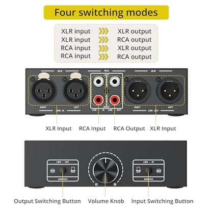 PROZOR 2-IN-2-OUT XLR Balanced/RCA Converter Audio Selector Splitter | Fully Balanced Passive Preamp Switch Box with Volume Control for Active Monitor Speakers, Black - size: XLR + RCA 2-2