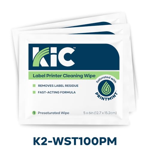 KIC> KICTeam - Label Printer Cleaning Wipes (100 Wipes) - NSF Certified - Presaturated with PrintMint | NSF Certified, For Cleaning Printer Printhead, Platen Rollers & Cutter, Saturated with Fast-Acting Formula - K2-WST100PM