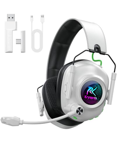 Krysenix Wireless Gaming Headset with Mic for PS5 & PC - White | 50mm Titanium Drivers,Low Latency, 2.4GHz & Bluetooth,Noise-Cancelling Mic,1200 mAh Battery,Foldable,Ideal for FPS,RPG - color: White