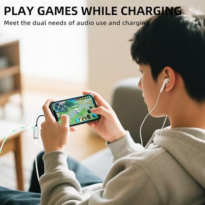 for iPhone Aux Adapter for 14 13 Pro Max Lightning to 3.5mm Headphone Jack (2in1) for Apple Audio Charger Splitter Lighting Connection Auxiliary Earbuds Converter Adaptor Double Cable Car Mfi Dongle