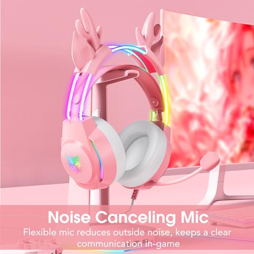 Gaming Headset with Microphone, Deer Ears Headphones for PC Laptop PS4 PS5 Xbox Switch, Rainbow RGB Lighting & Virtual Surround Sound, 3.5mm Over Ear Headphones, Ergonomic - color: Pink Deer Ear
