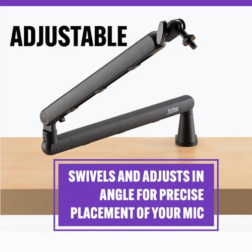 On-Stage MBS-LP1 Low-Profile Broadcast Boom Arm – Adjustable Mic Stand with 5/8" Thread, Cable Management, C-Clamp & Flange Mount – Quiet Hinges, 360° Swivel for Podcasting & Streaming