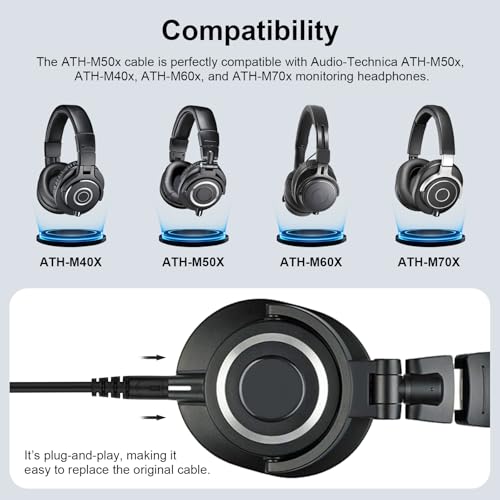 Zosvoses ATH M50x Replacement Cable Compatible with Audio Technica ATH-M50x, ATH-M40x, ATH-M60x, ATH-M70x Headphones, 5-10ft