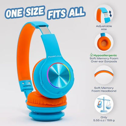 PowerLocus PLED Kids Bluetooth Headphones, Kids Wireless Headphones with LED Lights, 74/85/94dB Safe Volume, Micro SD, AUX Cable, Hi-Fi Stereo, Built-in Mic Over Ear Kid Headphone for Travel/Tablet/PC - color: Blue/Orange