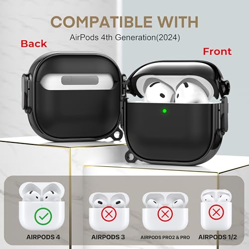 for AirPods 4 Case with Safety Lock, Magsafe Compatible,Black | Double Secure Lock,Drop Protection,Two-Piece Design,with Gold Keychain, Anti Lost, Dustproof, Cute AirPod 4 Case - color: Black, size: AirPods 4 Case