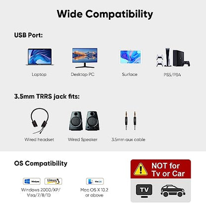 CableCreation USB Audio Adapter - External Sound Card with 3.5mm Headphone and Microphone Jack for Windows, Mac, Linux, PC, PS4, Laptops - Plug and Play, No Drivers Needed (White) (Pack of 2) - color: White, size: 2-Pack