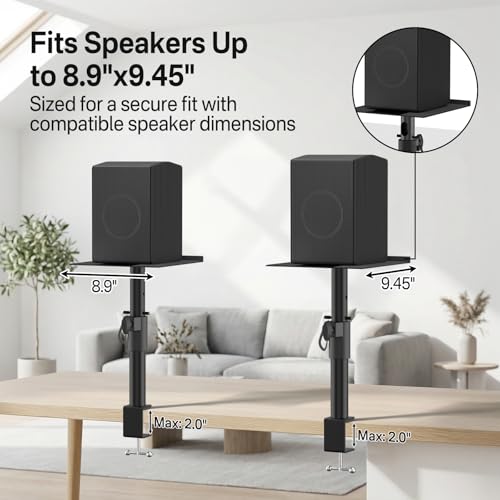 Clamp-On Desktop Speaker Stand Pair, Heavy-Duty 9.3" x 8.9 Plate for Edifier, KRK, Klipsch, Yamaha, Samsung HW-Q Series, Height&Angle Adjustable Bookshelf Speaker Stands, Built-in Cable Management