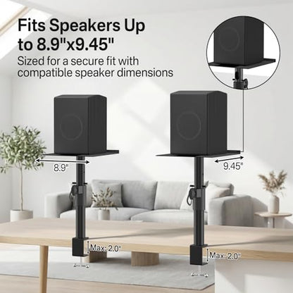 Clamp-On Desktop Speaker Stand Pair, Heavy-Duty 9.3" x 8.9 Plate for Edifier, KRK, Klipsch, Yamaha, Samsung HW-Q Series, Height&Angle Adjustable Bookshelf Speaker Stands, Built-in Cable Management