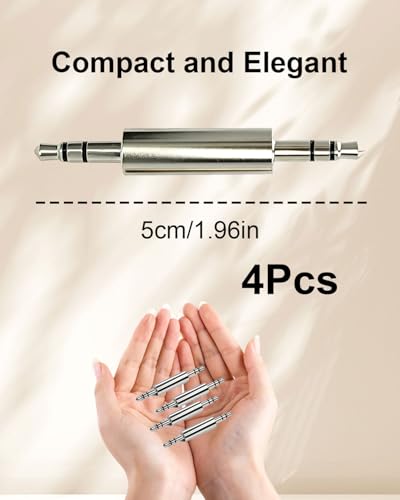 4 Pack Metal 3.5mm TRS Male to Male AUX Audio Coupler Adapter | 1/8 Inch Stereo Plug Connector for Car Aux, Bluetooth Receiver, MP3 Player, Laptop & Audio Transmitters, Silver