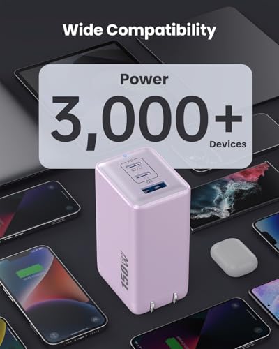 150W USB C Charger Block,GaN III Compact Foldable Wall Charger 3 Port Fast Charging Station,PD QC PPS Portable USB C Hub 100W Laptop Adapter for MacBook Pro/Air,iPad,iPhone 16/Pro,Galaxy S24,Dell etc - color: Purple