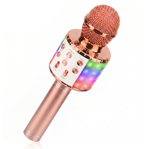 ShinePick Karaoke Microphone, 4 in 1 Wireless Microphone with LED Lights Handheld Portable Karaoke Machine, Home KTV Player, Compatible with Android & iOS Devices(Pink) - color: pink
