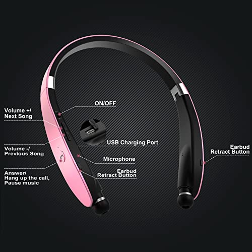 Foldable Bluetooth Headphones, Wireless Neckband Headset with Retractable Earbuds, Noise Cancelling Stereo Earphones with Carrying Case for Sports & Exercise (Gold) - color: Gold
