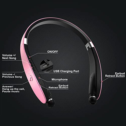 Foldable Bluetooth Headphones, Wireless Neckband Headset with Retractable Earbuds, Noise Cancelling Stereo Earphones with Carrying Case for Sports & Exercise (Gold) - color: Gold