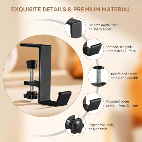 Black Desk Mount Purse Hook | Portabl Adjustable Clamp-On Backpack Hanger Table Bag Holder ,for Handbags Headphones(Single Hook) - color: Black Single Hook