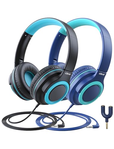 iClever HS22 2-Pack Kids Headphones with Sharing Splitter for School Travel | Share Audio, SafeSound Tech3.0, Tangle-Free, 3.5mm Jack, Foldable, Stereo Sound, Wired Headphones for Kids, Navy Blue & Black - color: Navy Blue & Black