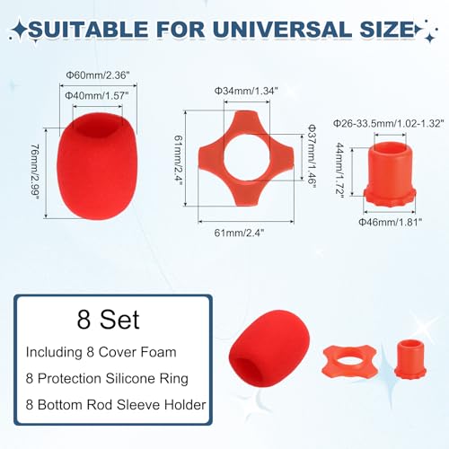 MECCANIXITY 8 Set Microphone Cover Foam Mic Cover, with 1.34" Mic Protection Silicone Ring and Anti Rolling Bottom Sleeve Holder for Karaoke DJ Concert Theater, Red - color: Red, size: 1.34"
