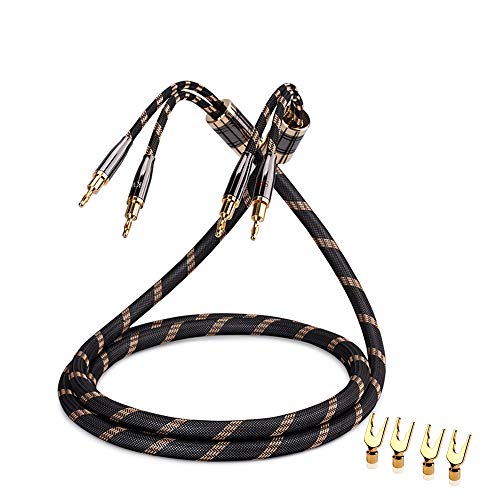 SKW Single Audiophile Speaker Cable,Convertible Banana Spade Gold Plated Connector,Nylon Braid,HiFi Quality Cable(8.2ft/2.5M,1 Cable for 1 Speaker) | 12AWG, 24K Gold-plated Convertible Plugs, 12.8mm Nylon-braid Jacket, Dual-shielded, Ultra-High Purity Cop