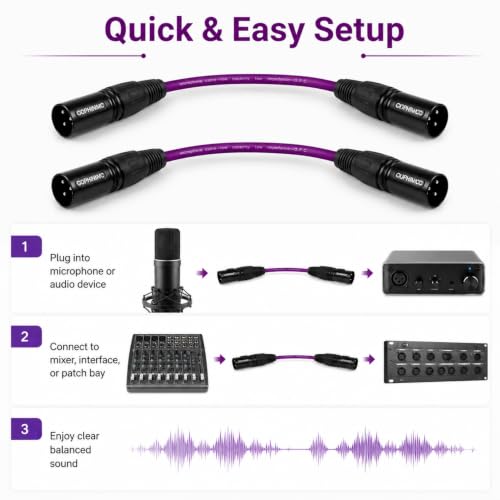XLR Male to Male Cable 1ft 2-Pack, OFC Triple Braided Shielded Balanced 3-Pin Mic Cord for Home Studio, Podcast, DMX, Shure SM57 SM58, Mixer, Audio Interface