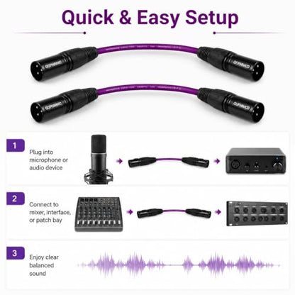 XLR Male to Male Cable 1ft 2-Pack, OFC Triple Braided Shielded Balanced 3-Pin Mic Cord for Home Studio, Podcast, DMX, Shure SM57 SM58, Mixer, Audio Interface