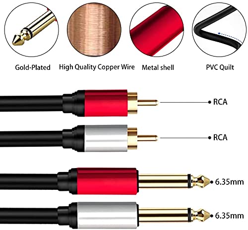 2 x 6.35 mm to 2RCA Cable 20 ft,Dual 1/4 inch TS Stereo Jack Male to 2 RCA Male Stereo Audio Cable Splitter Adapter (20ft/6m, Black) - size: 20ft/6m
