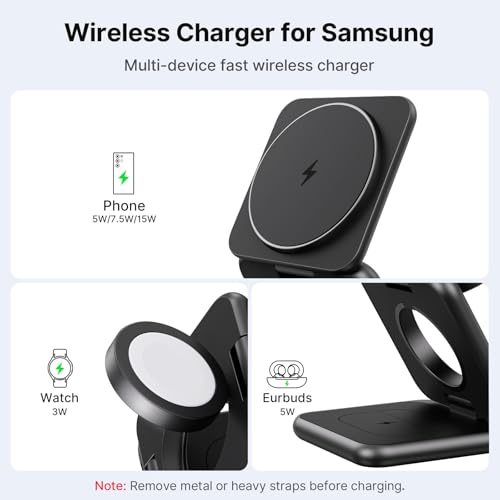 KU XIU 3 in 1 Charging Station for Samsung Phone Watch Buds | Aluminum Alloy Foldable Wireless Charger for Samsung Galaxy S26 S25 Ultra/Galaxy Buds, for Galaxy Watch Ultra 8 7 6 5 4 - color: Black