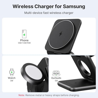 KU XIU 3 in 1 Charging Station for Samsung Phone Watch Buds | Aluminum Alloy Foldable Wireless Charger for Samsung Galaxy S26 S25 Ultra/Galaxy Buds, for Galaxy Watch Ultra 8 7 6 5 4 - color: Black