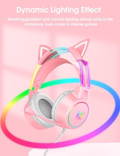 Lightweight Gaming Headset, RGB Lighting, Wired Over Ear Headphones with Mic for PC Laptop PS4 PS5 Switch, Stereo Surround Sound, Self-Adjusting Headband, Pink Cat Ear - color: Pink Cat Ear