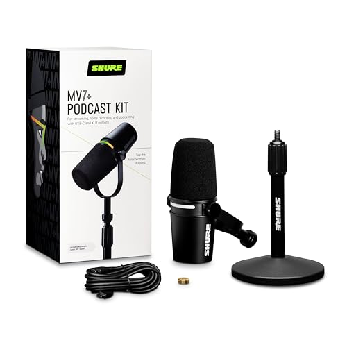 Shure MV7+ USB-C & XLR Podcast Dynamic Mic with Stand - Black | OBS-certified USB-C and XLR dynamic mic with stand, LED touch panel, auto level and pop filter for podcasting
