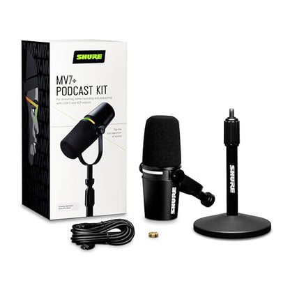 Shure MV7+ USB-C & XLR Podcast Dynamic Mic with Stand - Black | OBS-certified USB-C and XLR dynamic mic with stand, LED touch panel, auto level and pop filter for podcasting