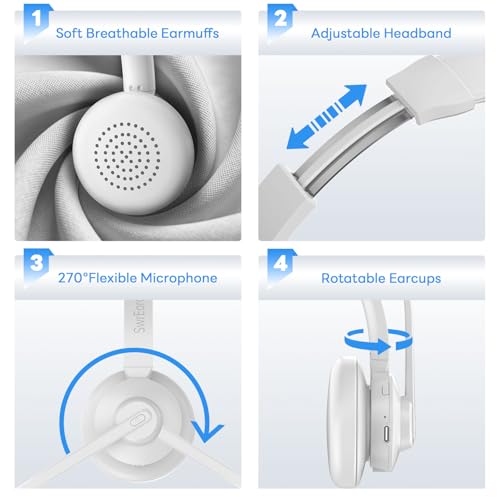 Bluetooth Headset, Wireless Headset with Mic for Work, Advanced AI Noise Cancelling Microphone (Clear Calls & Mic Mute), Bluetooth 5.3, USB Dongle, Headphones with Mic, for PC/Zoom(White) - color: White