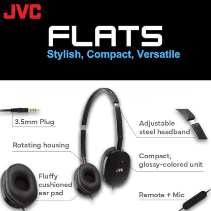 JVC Flats Foldable Colorful Flats On Ear Headphones with Remote and Microphone, 3.94 Foot Gold Plated 3.5mm Slim Plug - HAS160MA, Adjustable - Black - color: Black, style: Mic and Remote