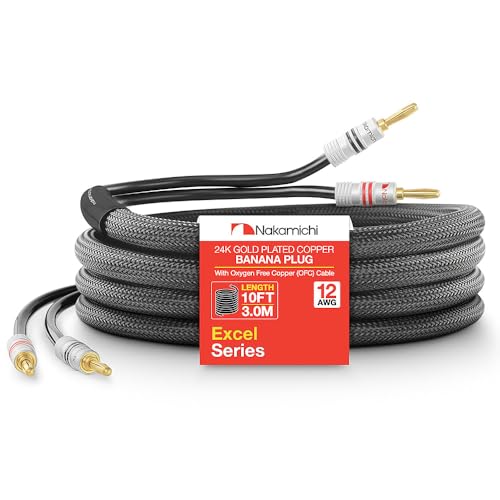 Nakamichi 24k Gold Plated Banana Plugs with 12 AWG Speaker Cable 99.9% OFC | Oxygen-Free Copper, Excel Series, Heavy Duty Braided for Amplifier Receiver Hi-Fi Stereo Audio Wire - Black (10 feet / 3.0m) - color: Black (12 AWG), size: 10-Feet (3.0m)