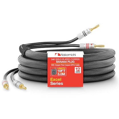 Nakamichi 24k Gold Plated Banana Plugs with 12 AWG Speaker Cable 99.9% OFC | Oxygen-Free Copper, Excel Series, Heavy Duty Braided for Amplifier Receiver Hi-Fi Stereo Audio Wire - Black (10 feet / 3.0m) - color: Black (12 AWG), size: 10-Feet (3.0m)
