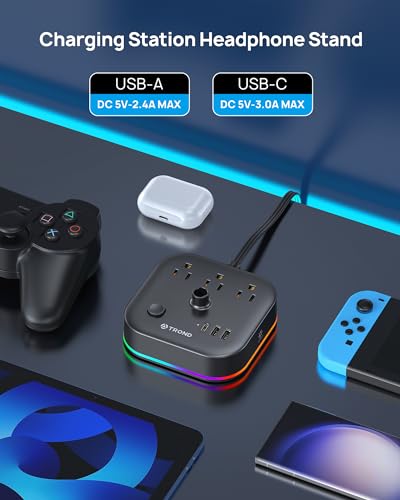 TROND Headphone Stand with USB C, Desk Gaming Headset Holder with 3 AC Outlets, 2 USB-A and 1 USB-C, Headset Stand with 5 RGB Light Modes, for Gaming Desk Accessories Gamer Boyfriend Gifts | 2 USB A and 1 USB C, Headset Stand with 5 RGB Light Modes, for G