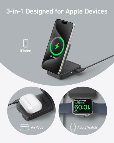 Anker MagGo 3-in-1 MagSafe-Compatible Qi2 15W Foldable Charging Station | Qi2-Certified Wireless Charging Stand for iPhone 17 - 12 Series, AirPods, Apple Watch Ultra(Non-Battery, Adapter Included) - color: Black