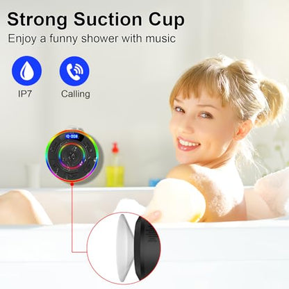 Shower Bluetooth Speaker IPX7 Waterproof, Portable Bluetooth Speakers with Suction Cup and Time Display, Crystal Sound&Bass LED Light 1100mAh, Wireless Shower Speaker for Outdoor/Kayak/ Gifts/Beach - color: Black