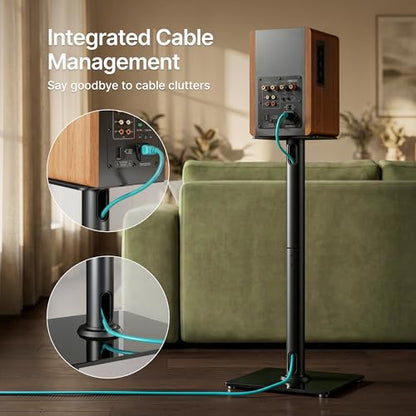Speaker Stands Pair, 30" Fixed Height, 55lbs Weight Capacity, Glass Base | 11.8" Base, Cable Management, Freestanding Speaker Floor Stand for Surround Sound, Tempered Glass Base