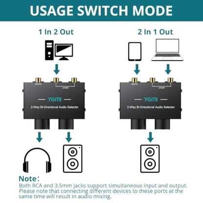 2-Way Stereo Audio Switcher 2-in-1-Out/ 1-in-2-Out Bi-Directional 3.5mm Aux & RCA L/R Audio Switch Selector Box with Off Button for Speaker Headphones Amplifiers CD Player Turntable Computer - size: 2 Way