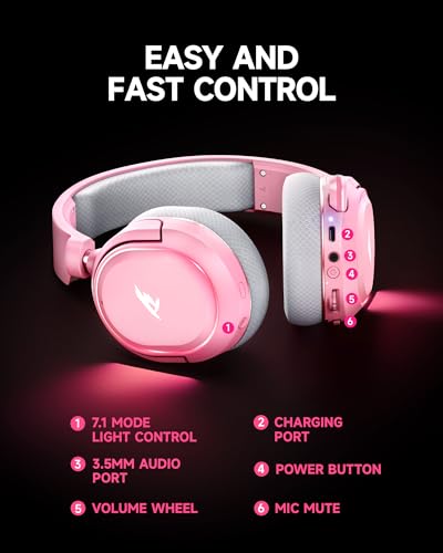Wireless Gaming Headset, 7.1 Surround Sound, 2.4GHz USB Gaming Headphones with Bluetooth 5.4, 100H Battery, ENC Noise Canceling Mic, RGB Light, Wireless Headset for PC PS5 PS4 Mac Switch (Gray-Pink) - color: White-Pink