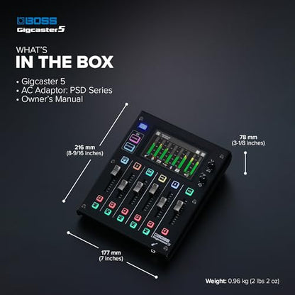 BOSS Gigcaster 5 Compact 5-Channel Audio Streaming Mixer with Direct Guitar/Bass Input | 2 XLR Mic Inputs | Stereo Line Input | 8 Touchscreen SFX Pads | 16x12 USB Audio Interface