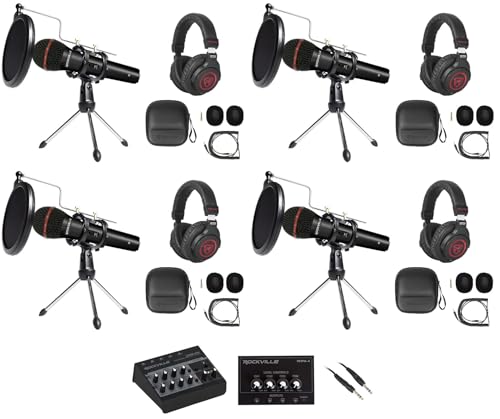 Rockville 4-Person Podcast Recording Package LINE8 USB 8-Channel Mixer and USB Audio Interface with (4) PRO-M50 Headphones, (4) RMIC-SR Mics, Stands, RHPA4 Amp, Cables (15 Items)