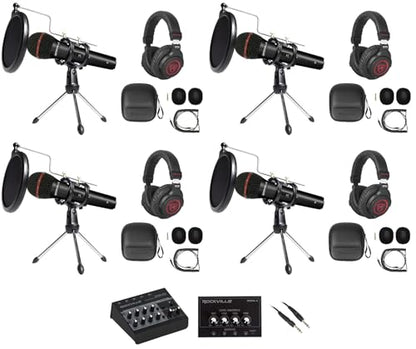 Rockville 4-Person Podcast Recording Package LINE8 USB 8-Channel Mixer and USB Audio Interface with (4) PRO-M50 Headphones, (4) RMIC-SR Mics, Stands, RHPA4 Amp, Cables (15 Items)