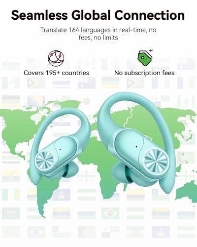 PocBuds Bluetooth Headphones Wireless Earbuds 80hrs Playtime Wireless Charging Case Digital Display Sport Ear buds with Earhook Deep Bass IPX7 Waterproof Over-Ear Earphones for Phone Laptop Mint Green - color: Mint Green, style: AI Buds Pro