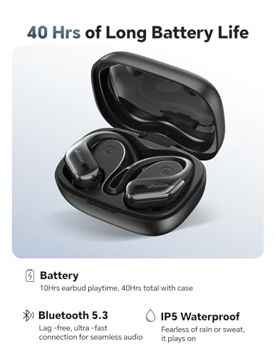 Wireless Earbuds 40H Bluetooth 5.3 Sport Headphones with Earhooks,Black | Sweatproof & Waterproof,In-ear Buds Feature Easy Button & Deep Bass, Stereo Sound Device for Gym Running Workout - color: Black