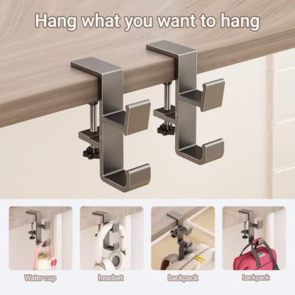 2-Pack Headphone Stand & Hook – Under Desk Headset Holder Clamp Mount for Gaming Headphones, Backpacks, Purses, Coats – Space-Saving Desk Accessories (Grey Dual Hook)
