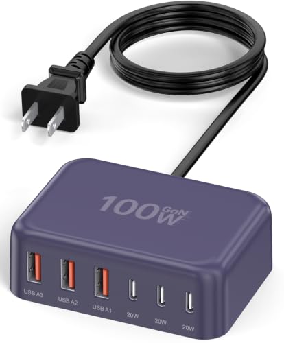 100W 6 in 1 USB Charger, 50% Smaller Charging Station for Multiple Devices | Fast Charging Blocks with Type C Port, USB Charging Hub Organizer Multiport Power Strip for iPhone,Samsung,Ipad,Kindle,Travel - color: E-Purple