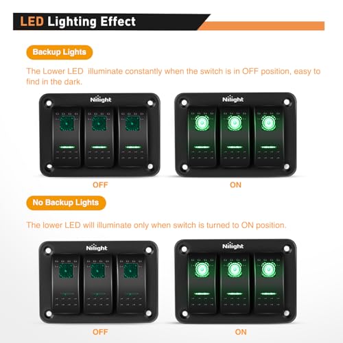 Nilight 3 Gang Rocker Switch Panel SPST On Off Toggle with DIY Label Sticker | 5PIN Electrical 12V/20A 24V/10A Aluminum Plate with Pre-Wired Jumper Wires for LED Light Bar RV Boats 4X4 Cars Green - color: Green, size: 3 Gang