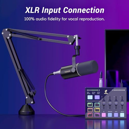 TONOR Dynamic Podcast Microphone Kit, Audio Interface and XLR/USB Mic for Podcasting, Recording, XLR Cardioid Studio Mic with Quick Mute, 3.5mm Jack, Volume Control, Microfono with Boom Arm, Black, E7