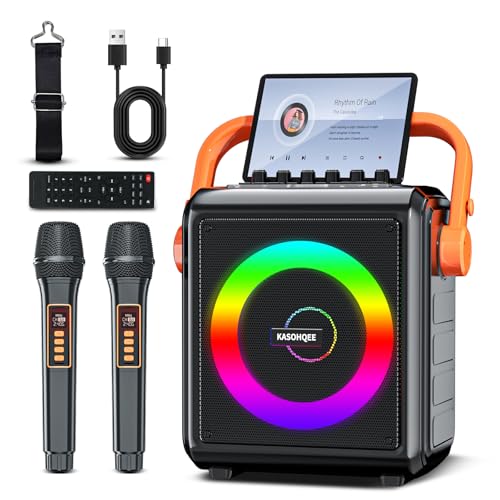 Karaoke Machine with 2 Wireless Microphones for Adults & Kids, 8000mAh Portable Bluetooth Speaker PA System with Lights, Supports AUX in/TF Card/FM/REC, Microphone Speaker Set for Home Party, Outdoor