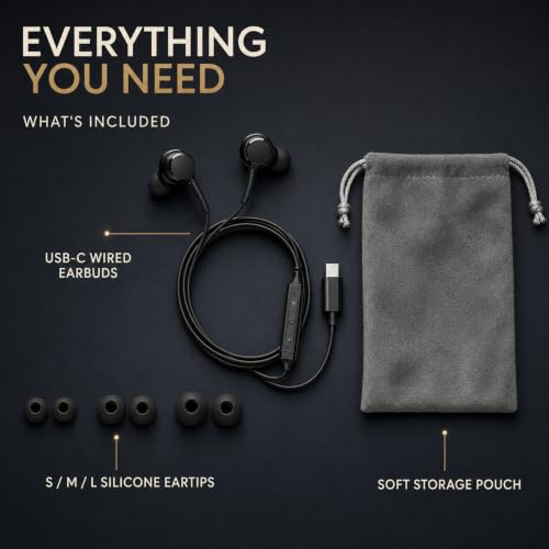 Betron USB-C Wired Earbuds with Microphone | Compatible with iPhone 15/16/17, Samsung Galaxy & Android, Volume Control, Deep Bass, Noise Isolation